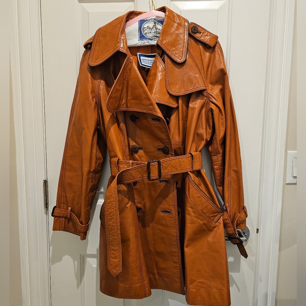 Vintage Suburban Heritage Double-Breasted Leather Trench Coat - Tan